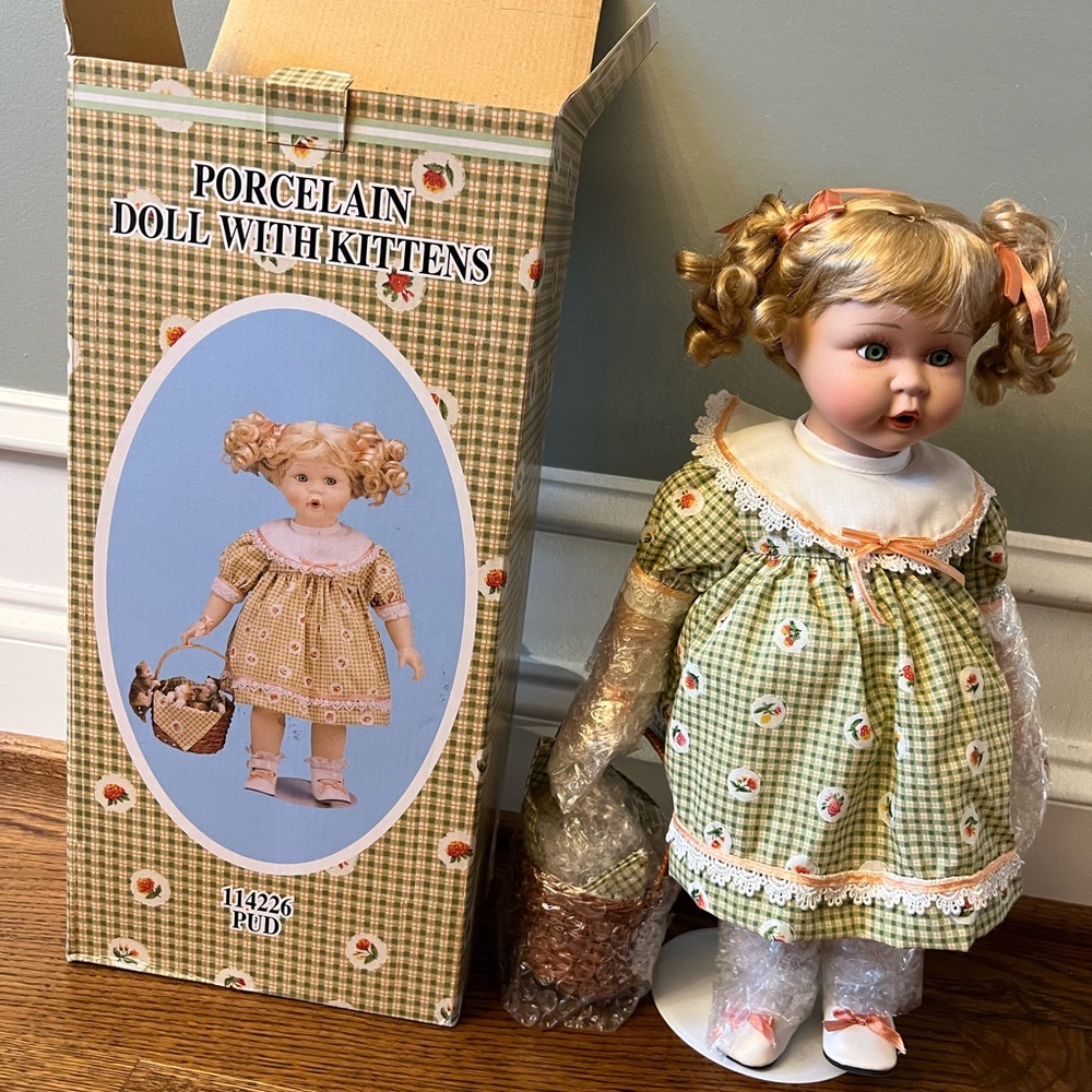 Collectible Vintage Porcelain Doll with Basket of Kittens!